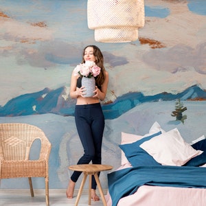 Abstract wallpaper with a mountain landscape, Painting Wall Mural | Peel and Stick (Self Adhesive) or Non Adhesive Vinyl Paper