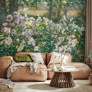 Bemalte Blumen und Bäume Wallpaper | Abziehen und aufkleben (selbstklebend) oder nicht klebendes Vinylpapier