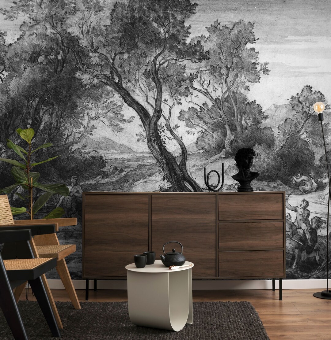 Black and White Tree Landscape Wallpaper Mural, Peel and Stick Vinyl - Etsy