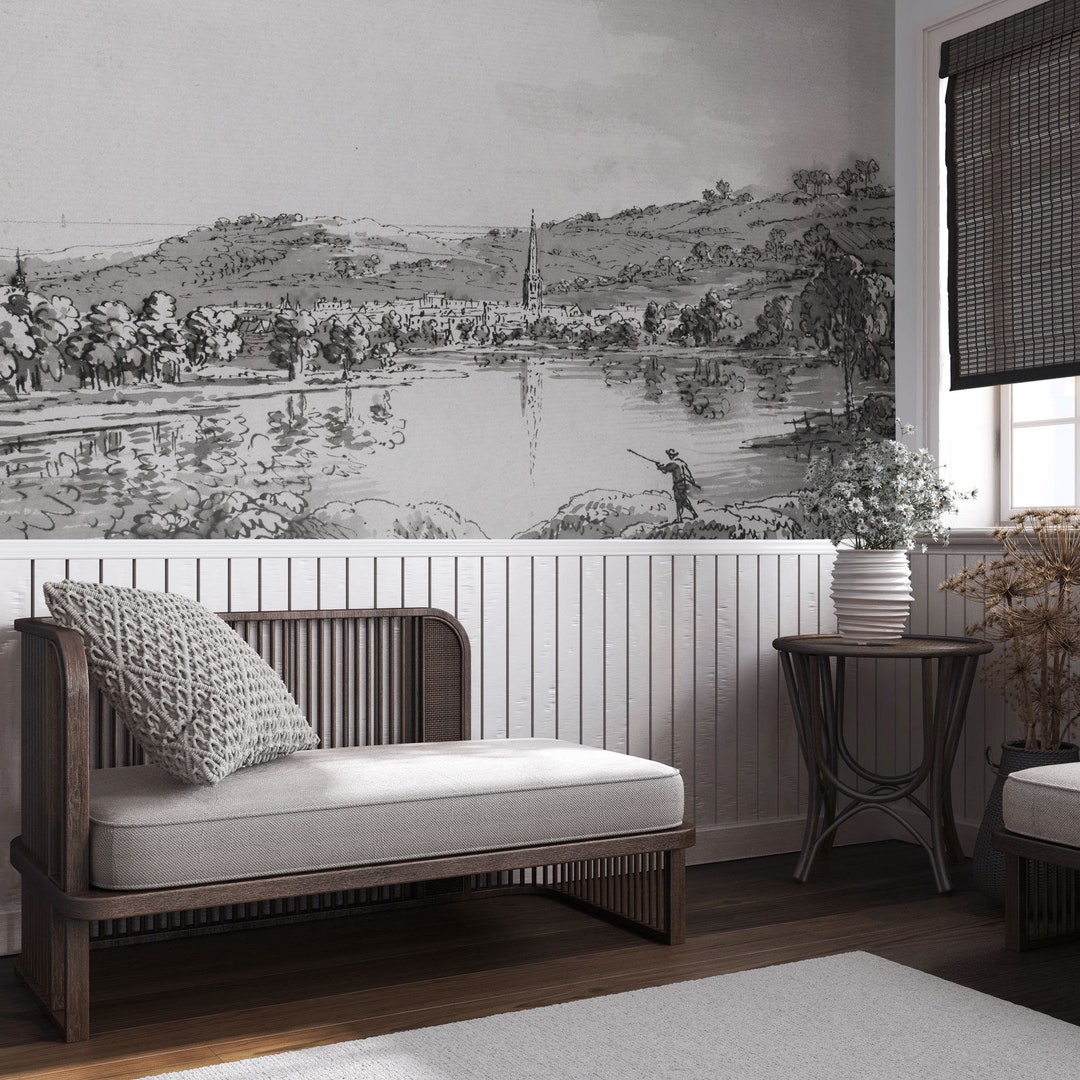 Black and White Lake Landscape Wallpaper Mural, Peel and Stick Vinyl - Etsy