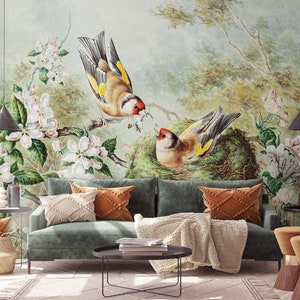 Leichte Vintage Vögel und Blumen Wallpaper, Vogel im Nest Wandbild | Abziehen und aufkleben (selbstklebend) oder nicht klebendes Vinylpapier