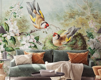 Carta da parati leggera con uccelli e fiori vintage, decorazione murale con uccelli nel nido / stacca e incolla (autoadesiva) o carta vinilica non adesiva