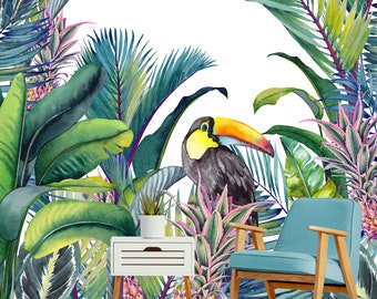 Watercolor wallpaper with exotic plants and a toucan, self adhesive, peel and stick floral wall mural
