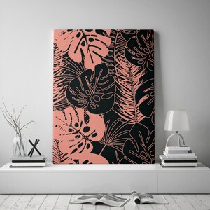 Vector pink & black monstera and palm leaves, Canvas Print, Botanical print, Modern Wall Decor, Canvas Art, FOR SELF ASSEMBLY