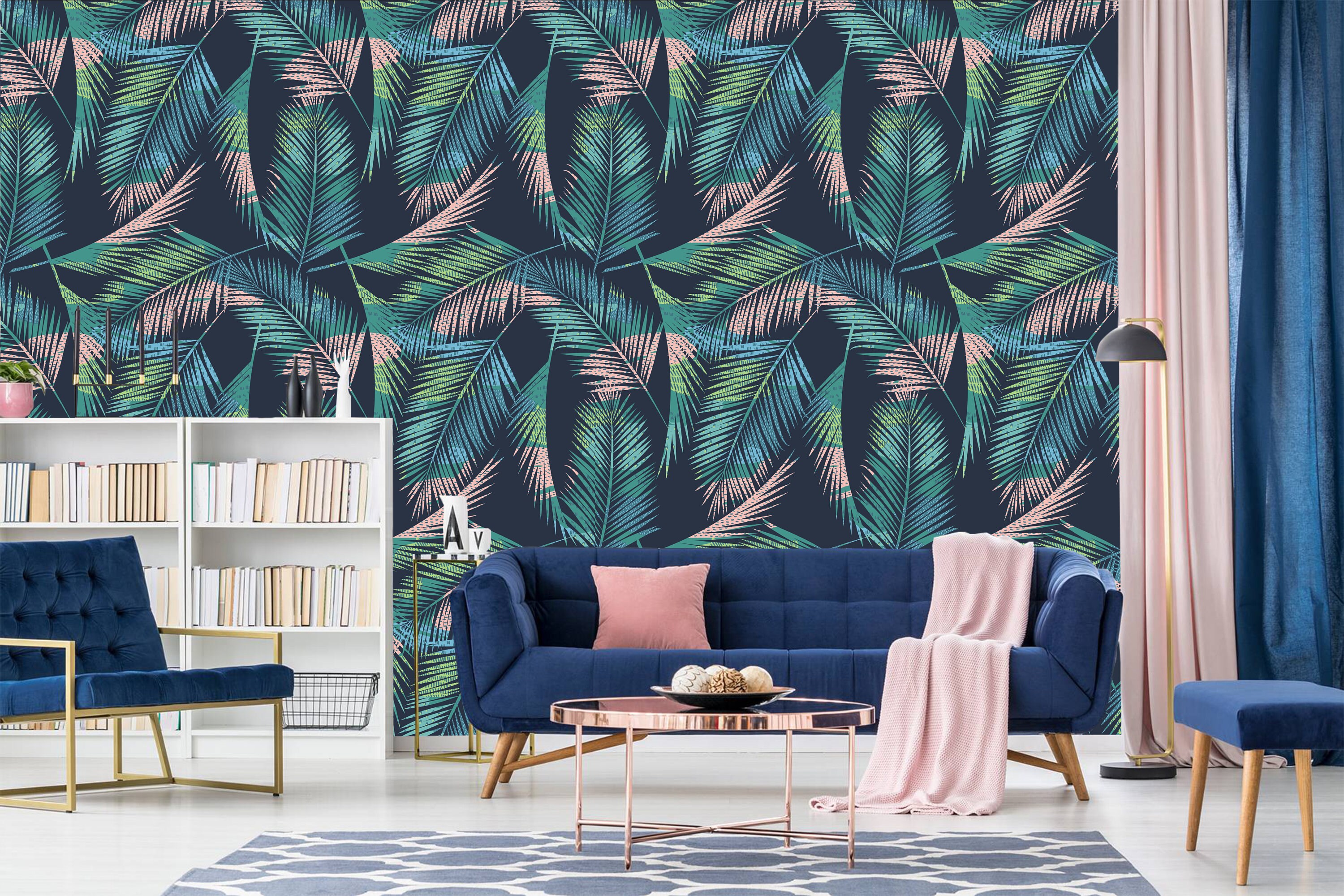 Green Blue and Pink Palm Leaves Wallpaper Tropical Botanical - Etsy