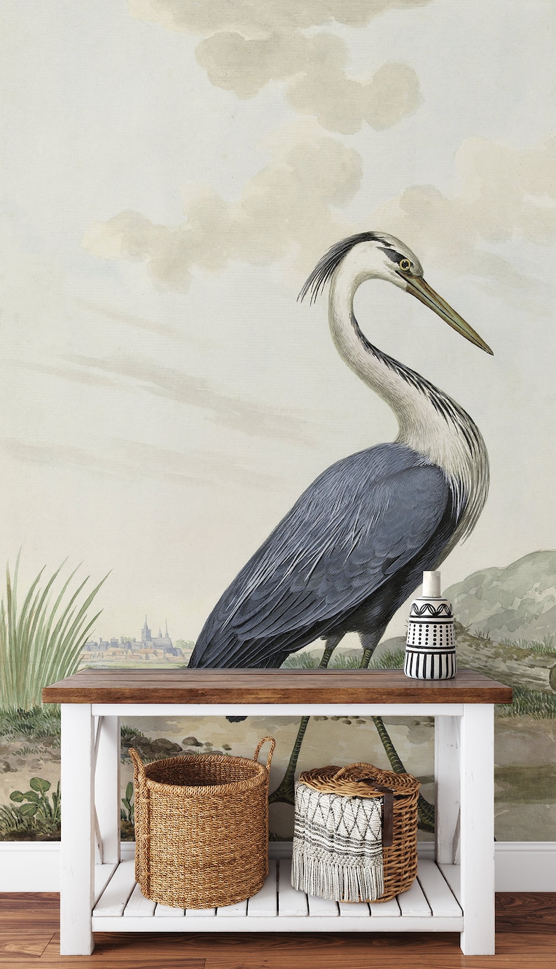 Vintage Landscape Wallpaper With Heron Bird Peel & Stick | Etsy
