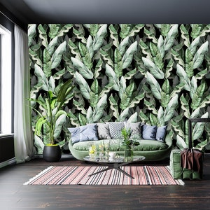 Beautiful pattern with tropical leaves and banana leaves, floral pattern, wallpaper self-adhesive, removable, peel and stick wall mural image 2