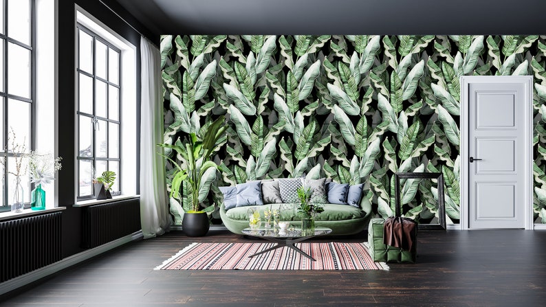 Beautiful pattern with tropical leaves and banana leaves, floral pattern, wallpaper self-adhesive, removable, peel and stick wall mural image 2