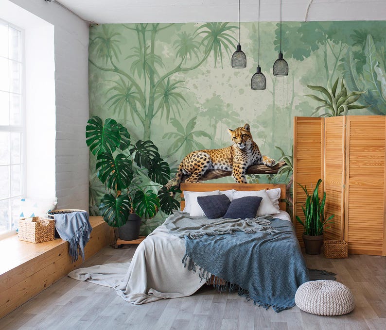 Leopard Jungle Wallpaper, Tropical Forest Wall Mural, Peel and Stick - Etsy