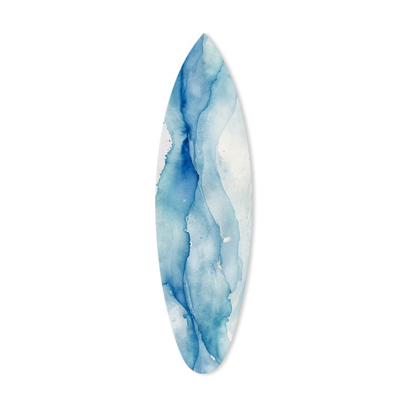 May include: A surfboard with a watercolor design. The board features a blue and white abstract pattern, with flowing lines and a gradient effect. The surfboard is a long, oval shape, perfect for surfing.