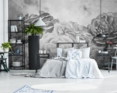 Black and White Roses Wallpaper, Hand Painted Watercolor, Peel and Stick Wall Mural