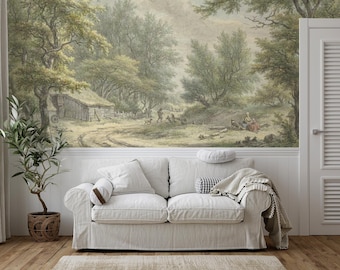 Papel de parede com tema de vila vintage, mural de parede com árvores, arte de parede com paisagens antigas | Autoadesivo ou papel de vinil tradicional.
