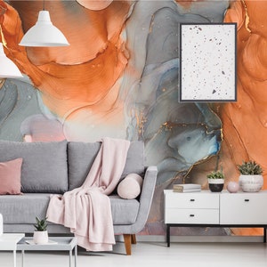 Orange, grey, red marble wallpaper | self-adhesive, removable, peel & stick wall mural, wall decor