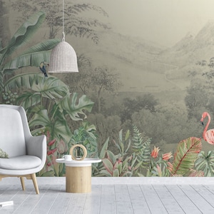Tropical green wallpaper, bird, leaves, flamingo* | Peel and Stick (Self Adhesive) or Non Adhesive Vinyl Paper
