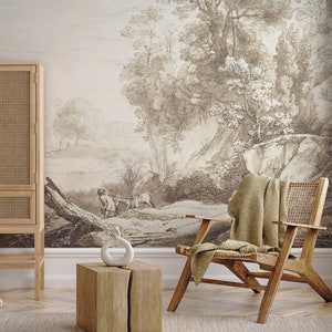 Beige landscape wallpaper, forest wall mural | Peel and Stick (Self Adhesive) or Non Adhesive Vinyl Paper