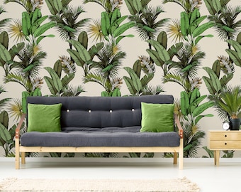 Carta da parati beige con motivo a foglie di palma e di banano, murale botanico staccabile e attaccabile