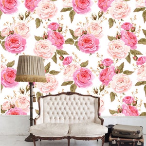 Pink peony flowers romantic wallpaper, pastel mural, floral clipart, home decor, oil painting,wall decal ,removable peel and stick wallpaper