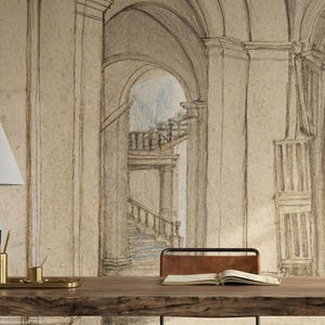 Carta da parati con schizzi di architettura antica, murale beige per interni, arte murale antica, decorazione per la casa, autoadesiva o in vinile tradizionale immagine 2