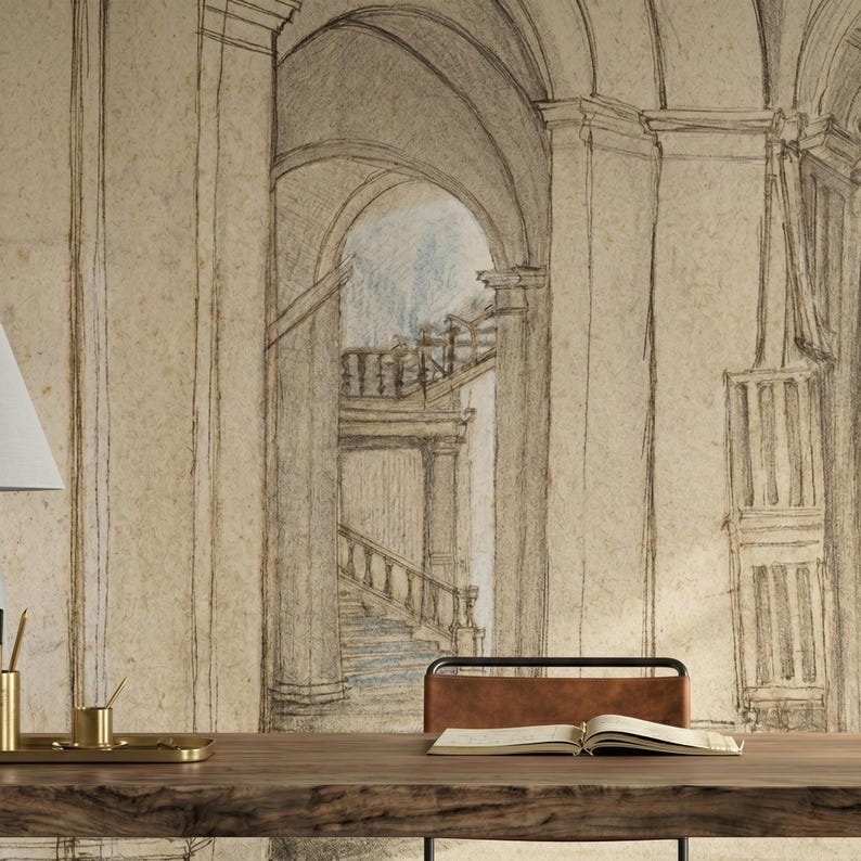 Carta da parati con schizzi di architettura antica, murale beige per interni, arte murale antica, decorazione per la casa, autoadesiva o in vinile tradizionale immagine 2