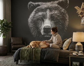 黒熊の抽象壁紙、ミニマリスト動物ウォールアート、ホーム