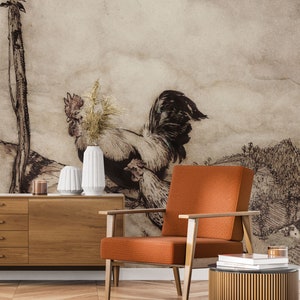Vintage scenic rural wallpaper, bird, Wall Art Wallpaper | Peel and Stick (Self Adhesive) or Non Adhesive Vinyl Paper