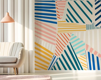 Colorful geometric wallpaper with stripes, self adhesive, peel and stick wall mural