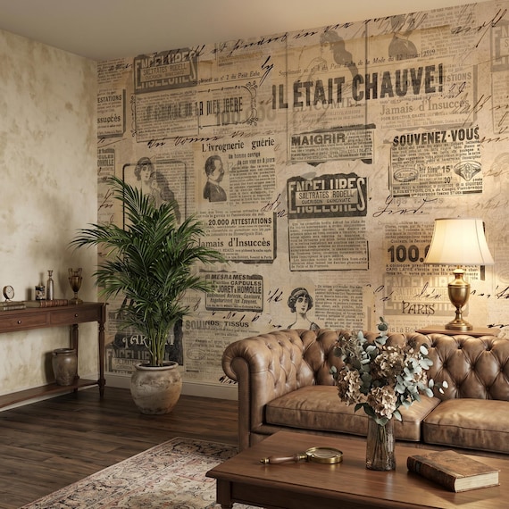 Creative newspaper scraps wallpaper, old magazine pieces wall mural, vintage wall art, unique home decor, self-adhesive, peel & stick