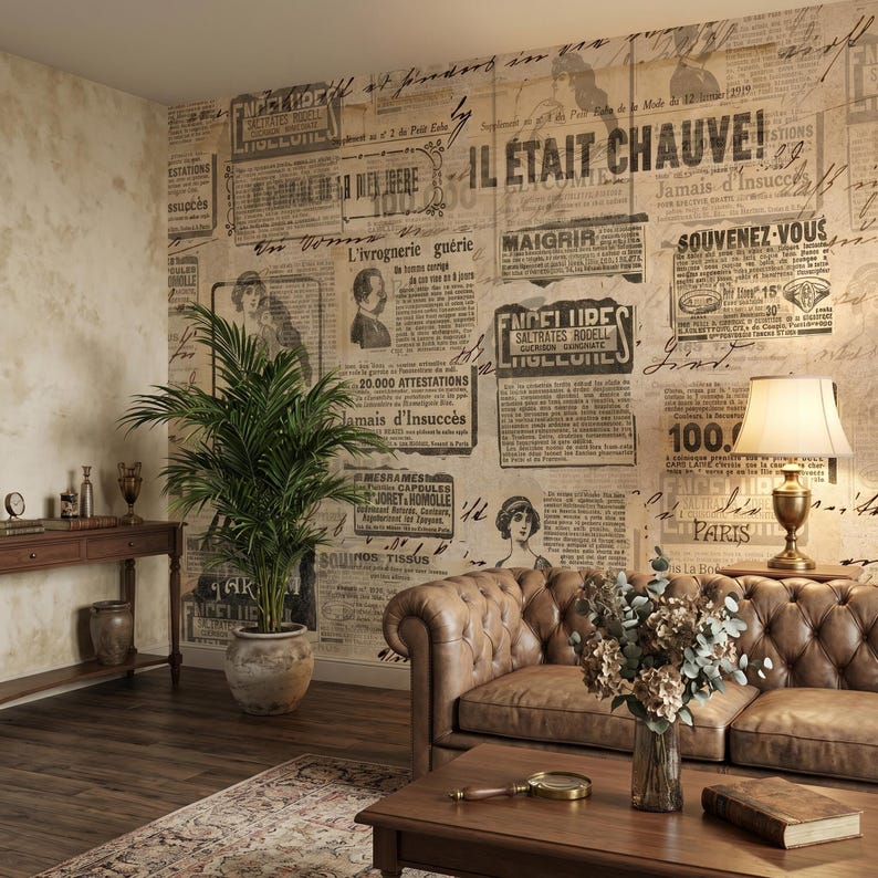 Puede incluir: Un mural de pared con un estampado de peri&oacute;dico franc&eacute;s antiguo con texto negro e ilustraciones sobre un fondo beige. El dise&ntilde;o incluye titulares como IL &Eacute;TAIT CHAUVE, varios anuncios y bocetos de personas, creando un efecto de collage.