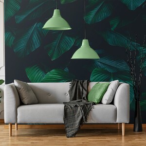 Dark tropical faded leaves, black background, colorful abstraction, peel and stick wall mural