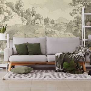 Landscape wallpaper, mountain stream, vintage wall mural | Peel and Stick (Self Adhesive) or Non Adhesive Vinyl Paper