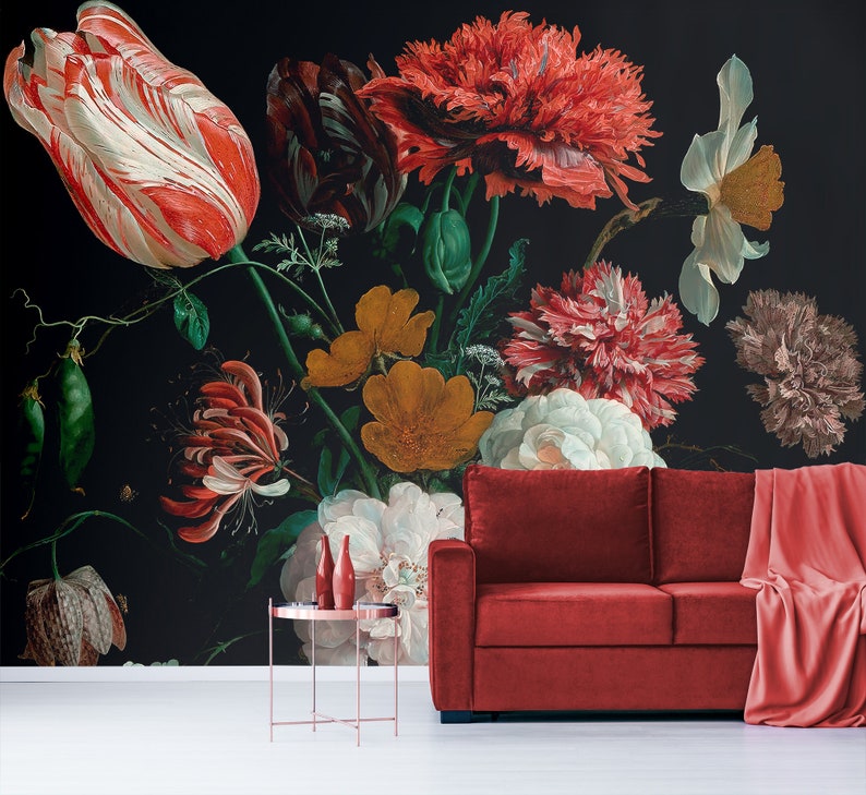 Dark Floral Peel and Stick Wallpaper Dutch Flowers Oil Etsy