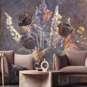 Bouquet de tulipes vintage Floral Painted Wallpaper | Peler et coller (auto-adhésif) ou papier vinyle non adhésif