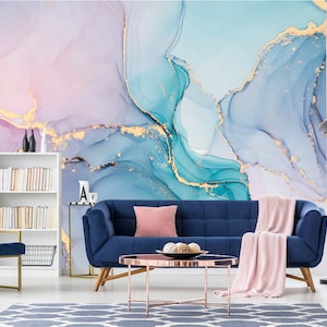 Blue and purple marble stone mural, watercolor abstraction wallpaper | self-adhesive, removable, peel & stick wall mural