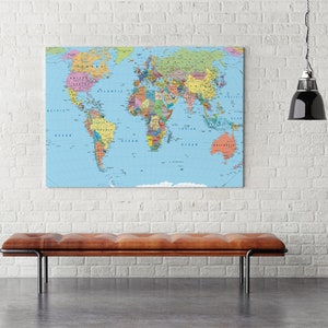 Carte du monde avec pays impression sur toile, décoration murale moderne, art sur toile, à assembler soi-même