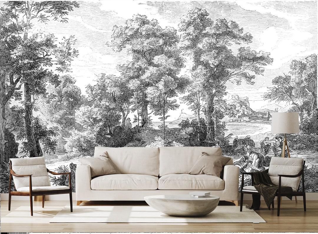 Old Black and White Tree and People Landscape Wallpaper - Etsy Old Black and White Tree and People Landscape Wallpaper - Etsy