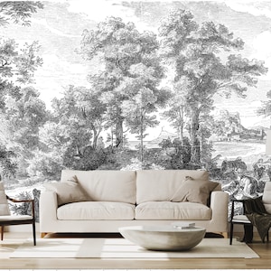 Old black and white tree and people landscape wallpaper | self-adhesive, removable, peel & stick wall mural, wall decor