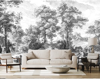 Old black and white tree and people landscape wallpaper | self-adhesive, removable, peel & stick wall mural, wall decor