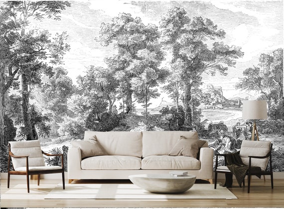 Old Black and White Tree and People Landscape Wallpaper - Etsy Old Black and White Tree and People Landscape Wallpaper - Etsy