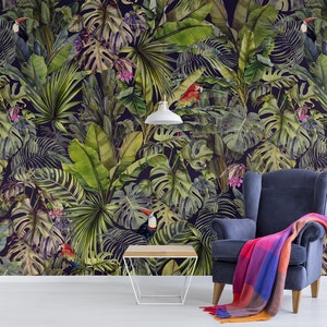 Tropical leaves wallpaper with birds, parrot, toucan, jungle pattern * | Peel and Stick (Self Adhesive) or Non Adhesive Vinyl Paper