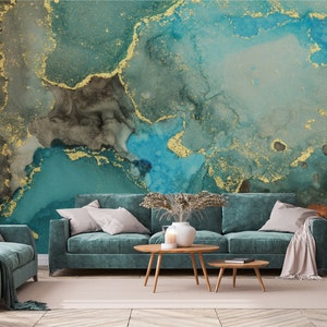 Blue and green marble stone mural, watercolor abstraction wallpaper | self-adhesive, removable, peel & stick wall mural