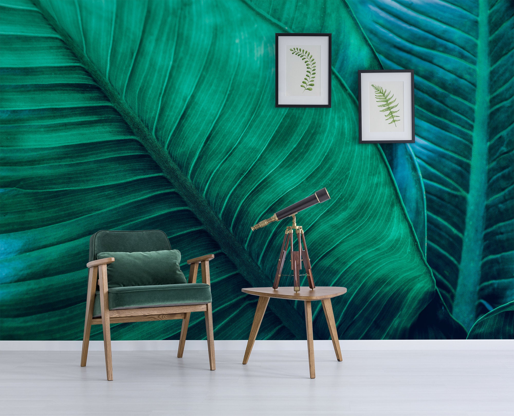 Tropical Leaves Peel and Stick Wallpaper, Bluish Green Floral Wall ...