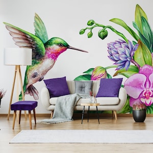 Hummingbird and orchid flowers, peel and stick wall mural