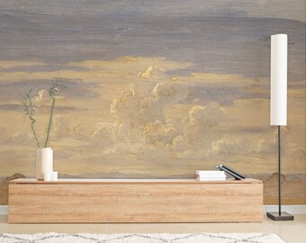 Vintage Cloud Painting Wallpaper Mural, Beige and Blue, Peel and Stick