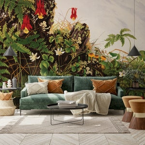 Tropical landscape wall mural, vintage floral wallpaper | Peel and Stick (Self Adhesive) or Non Adhesive Vinyl Paper