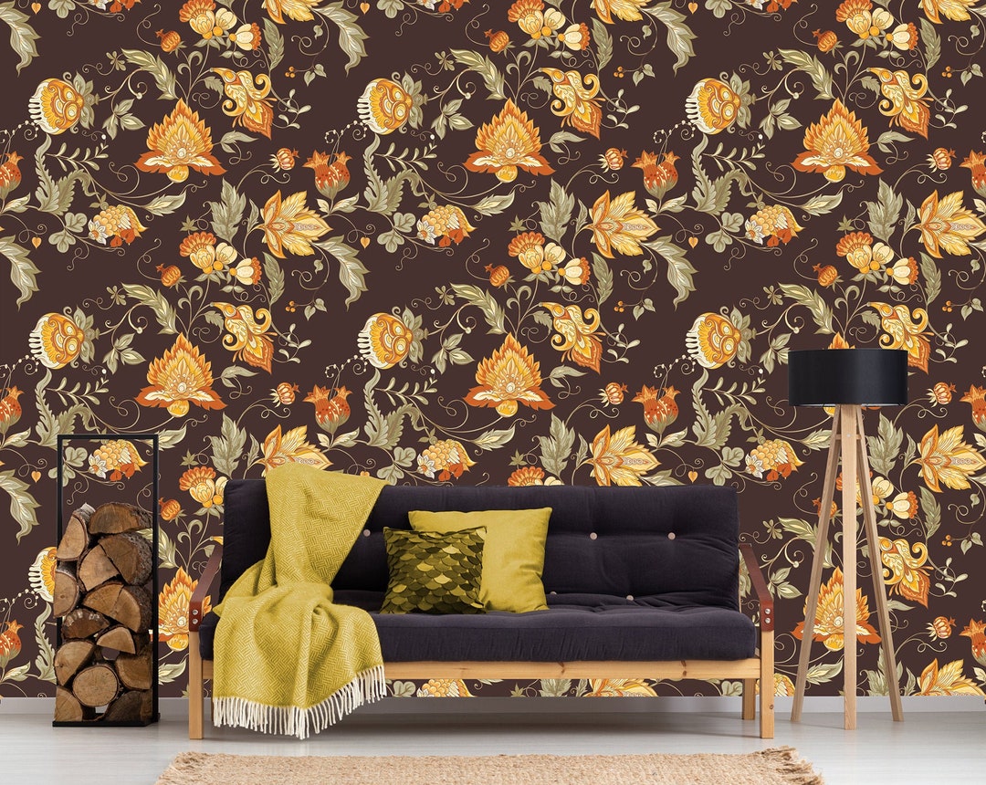 Brown Wallpaper With Orange Floral Ethnic Motive | Self-adhesive ...