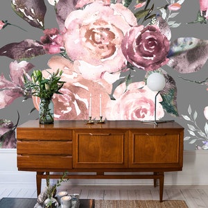 Carta da parati con disegno a mano di rose rosa e rosse, bellissimo dipinto con motivi floreali, decorazione da staccare e incollare, decorazione da parete adesiva - riutilizzabile