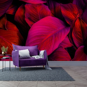 Rote und rosa Spathiphyllum cannifolium Blätter Tapete | selbstklebende Tapete, ablösbar, Wandbild, Wanddeko abziehen