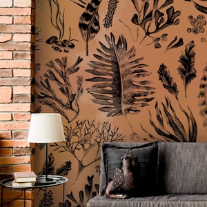 Dark orange wallpaper with black leaf motive* | self-adhesive, removable, peel and stick wall mural