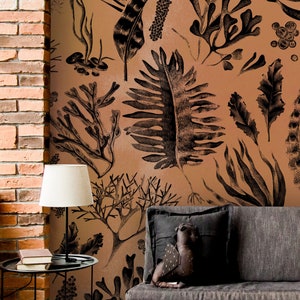 Dunkelorange Tapete mit schwarzem Blattmotiv* | selbstklebendes, ablösbares Wandbild
