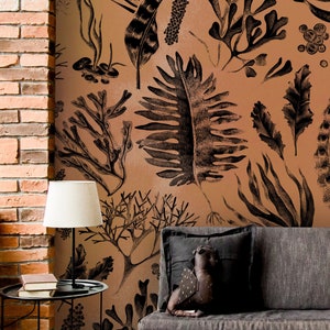 Dark orange wallpaper with black leaf motive* | self-adhesive, removable, peel and stick wall mural